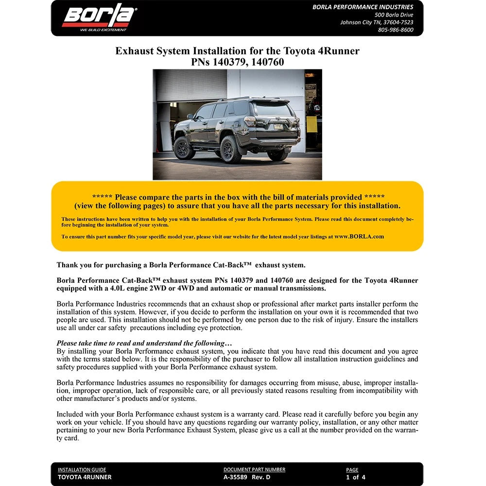 Borla 10-15 Toyota 4Runner Trail/SR5/Limited 4,0L 6cyl 4/5 Speed 4WD/AWD SS Catback Exhaust