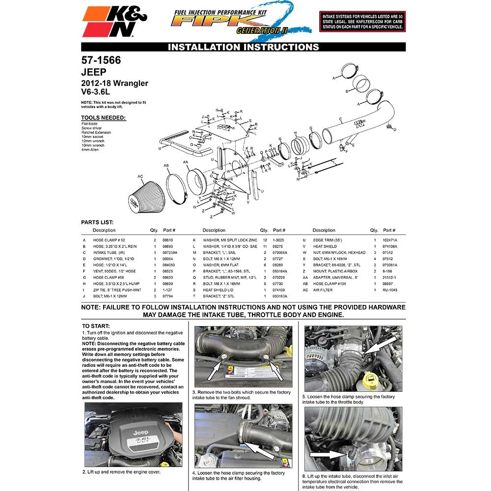 K&N 12-14 Jeep Wrangler V6 3.6L Performance Intake Kit