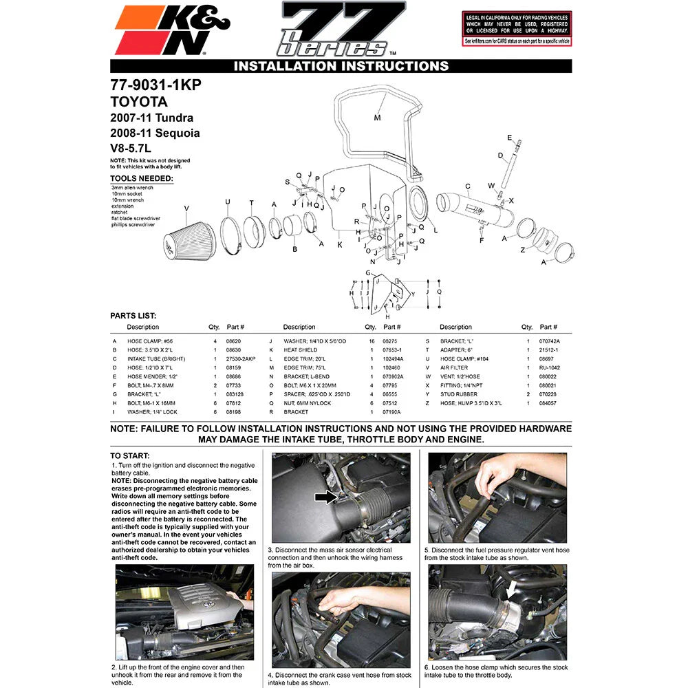 K&N 07-10 Toyota Tundra V8-5.7L High Flow Performance Kit