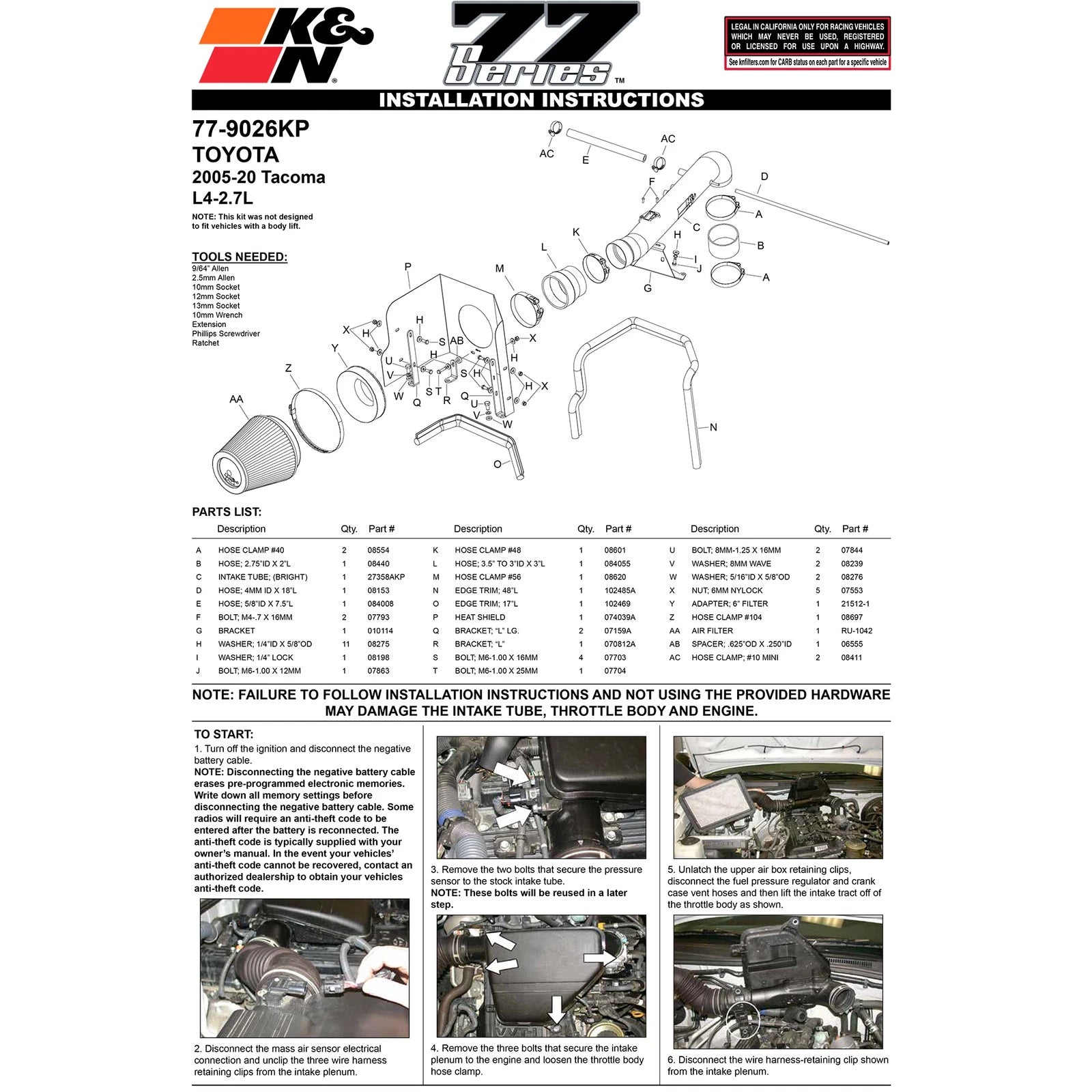 K&N 05-09 Toyota Tacoma L4-2.7L High Flow Performance Kit