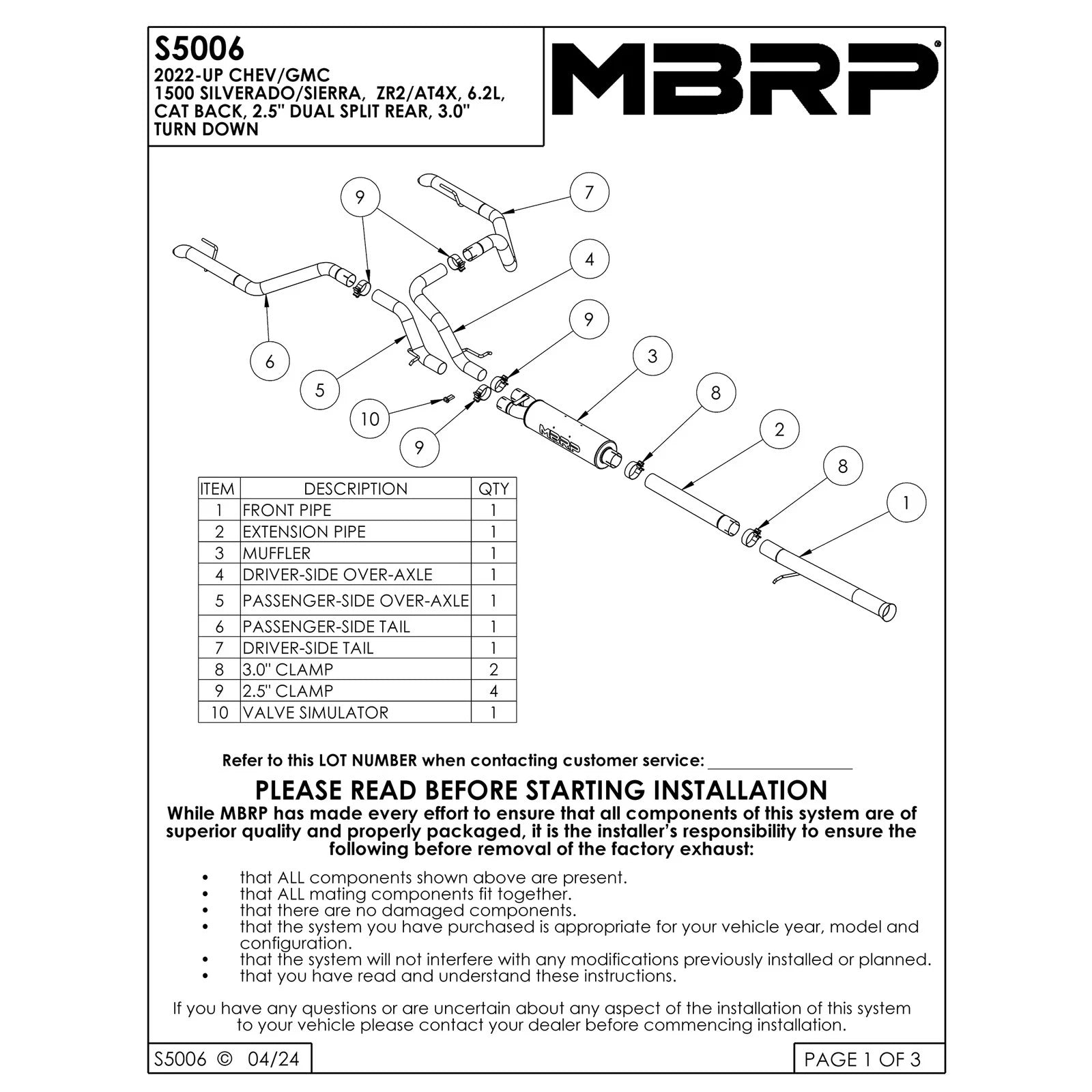 MBRP 22-23 Chevrolet/ GMC 1500 Silverado/ Sierra ZR2/AT4X 6.2L 2.5in Turn Down 3in Cat Back Exhaust