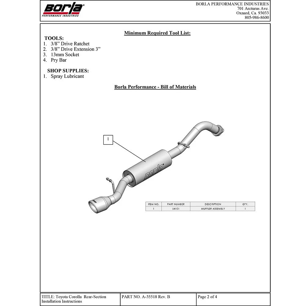 Borla 09-13 Toyota Corolla 1.8L/2.4L SS Exhaust (rear section only)