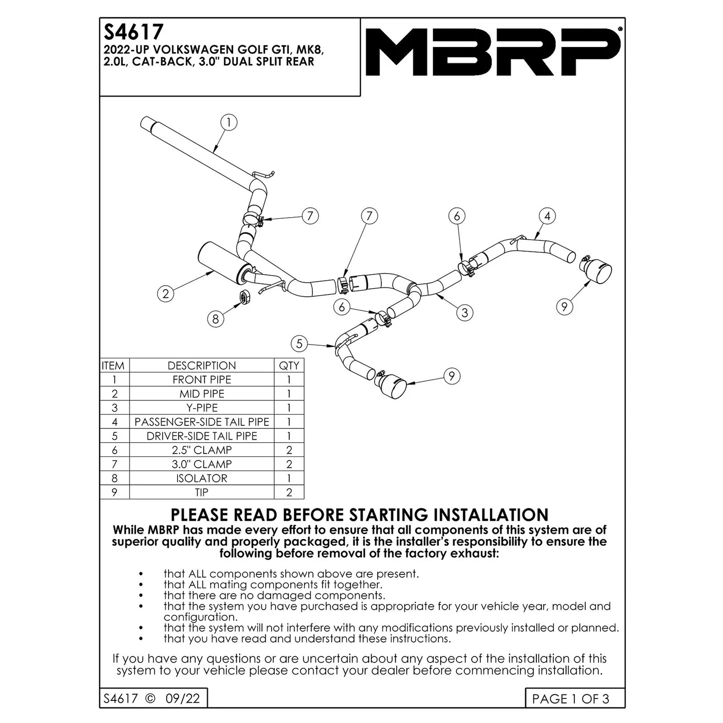 MBRP 2022 VW Golf GTI MK8 T304 SS 3in Cat-Back Exhaust 2.5in Dual Split Rear w/ Carbon Fiber Tips