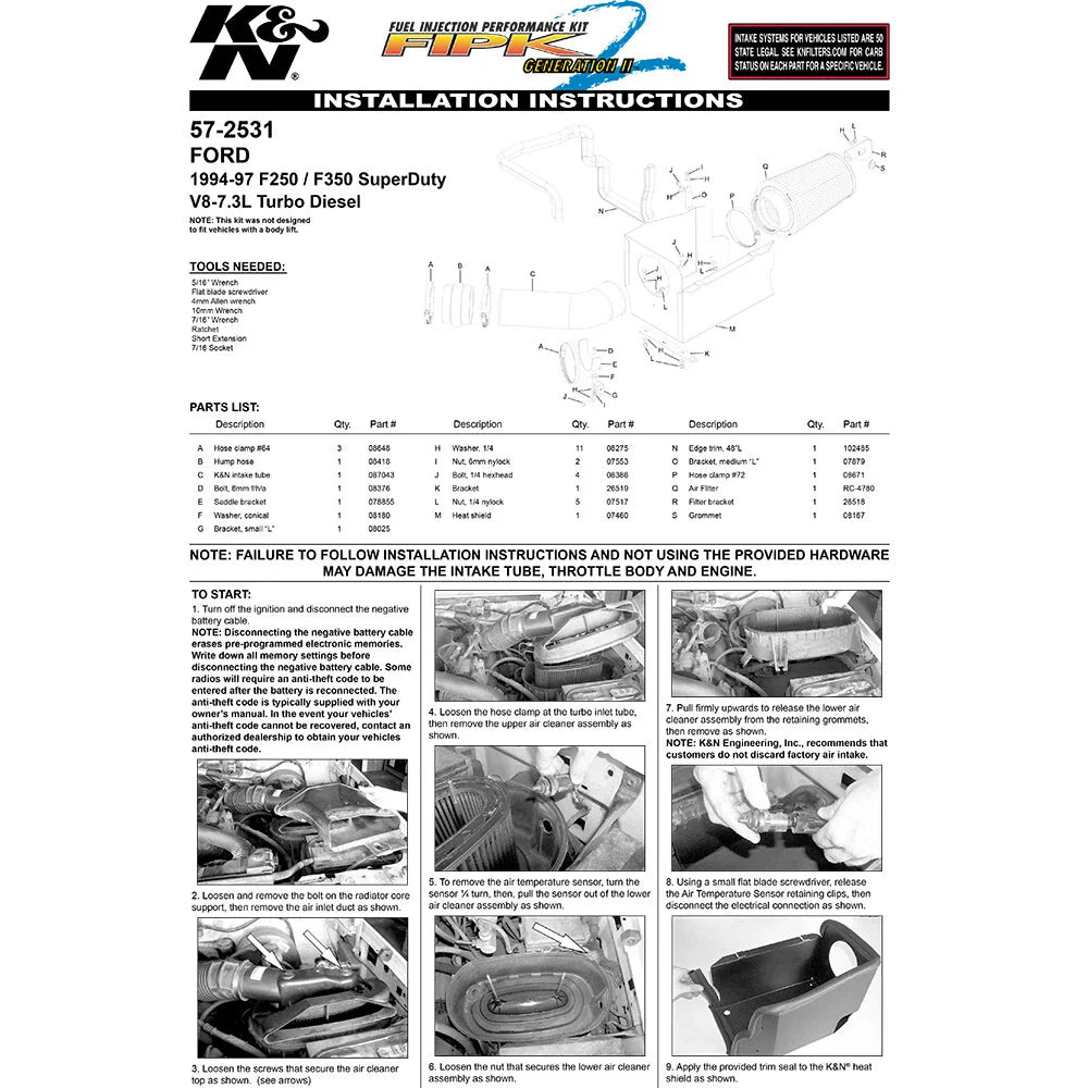 K&N 94-97 Ford F-Series Super Duty V8-7.3L Performance Intake Kit