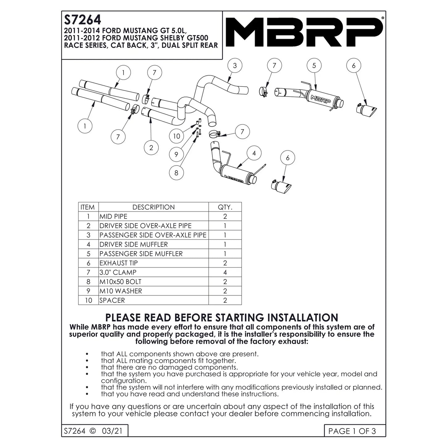 MBRP 11-14 Ford Mustang GT 5.0L Dual Split Rear Race Version AL 3in Cat Back Exhaust System