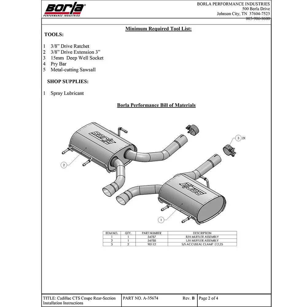 Borla 11-14 CTS Coupe V6 3.6L AT RWD/AWD Dual Ctr Rear Exit Touring Exhaust (REAR SECTION ONLY)