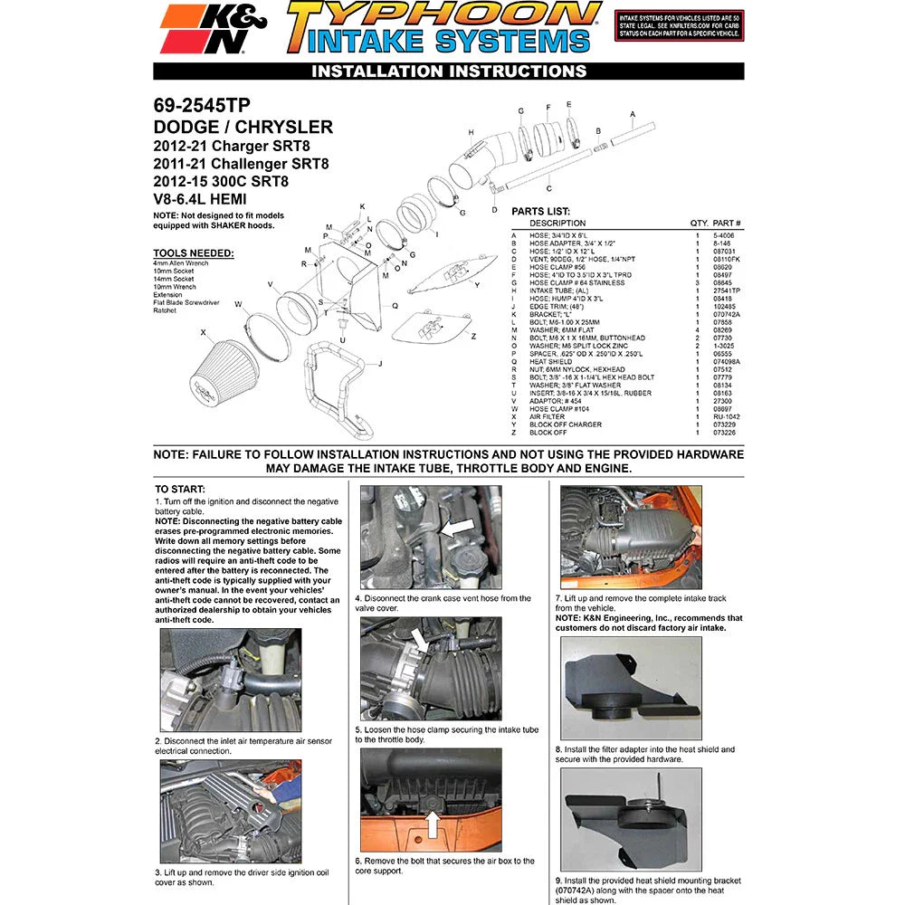 K&N Performance Intake Kit TYPHOON; 11 Dodge Challenger 6.4L V8