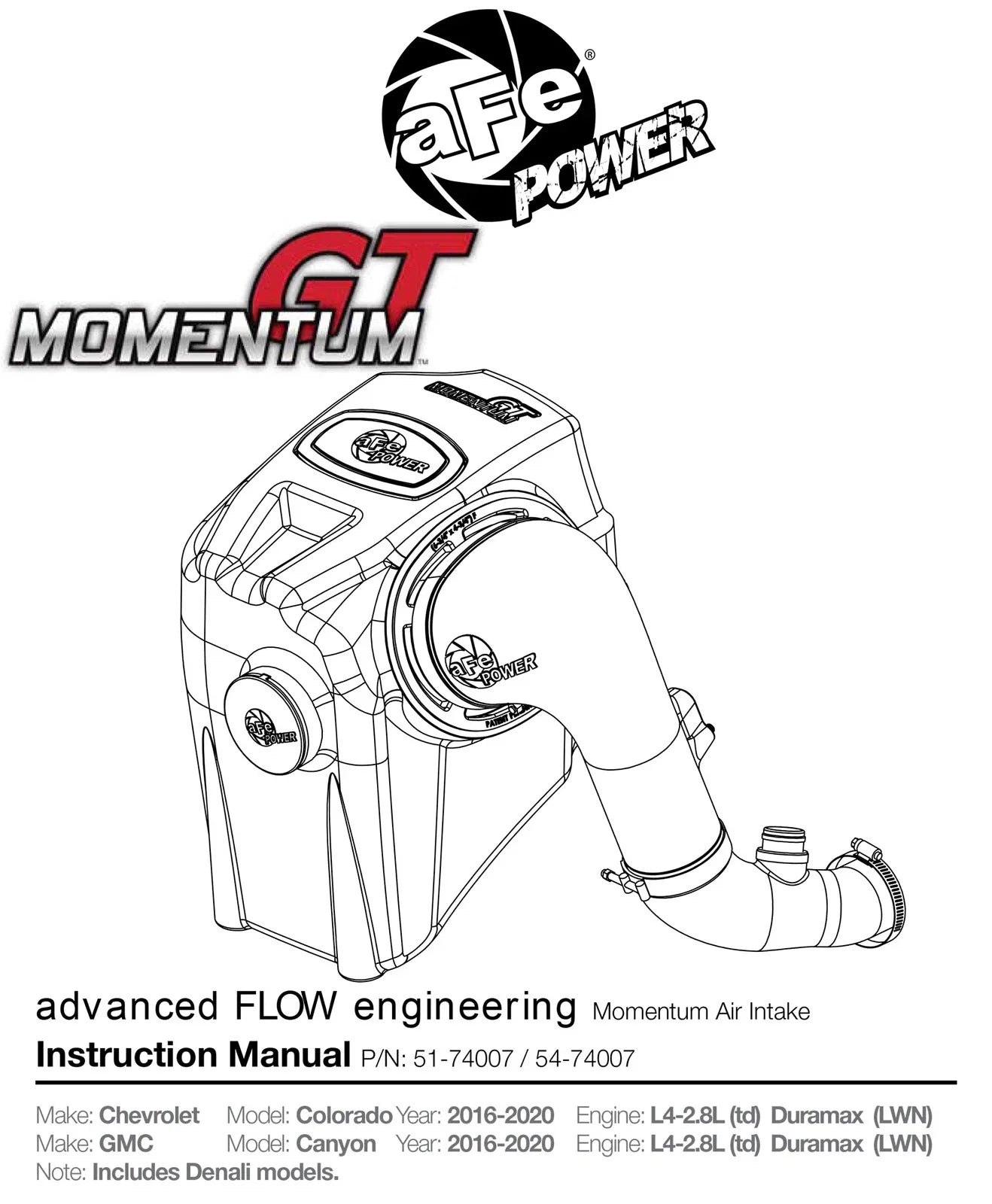 AFE Momentum GT Pro 5R Intake System GM Colorado/Canyon 2016 I4-2.8L (td)