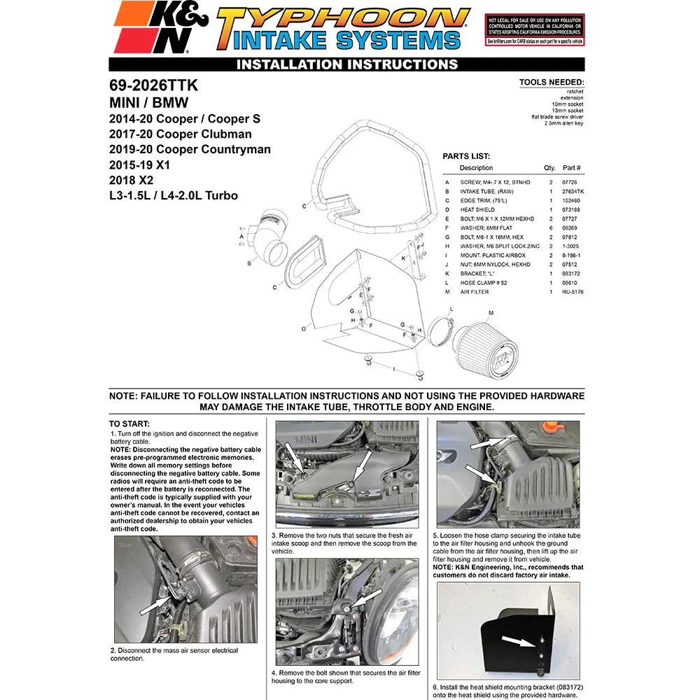 K&N 14-15 Mini Cooper 1.5L Typhoon Performance Intake Kit