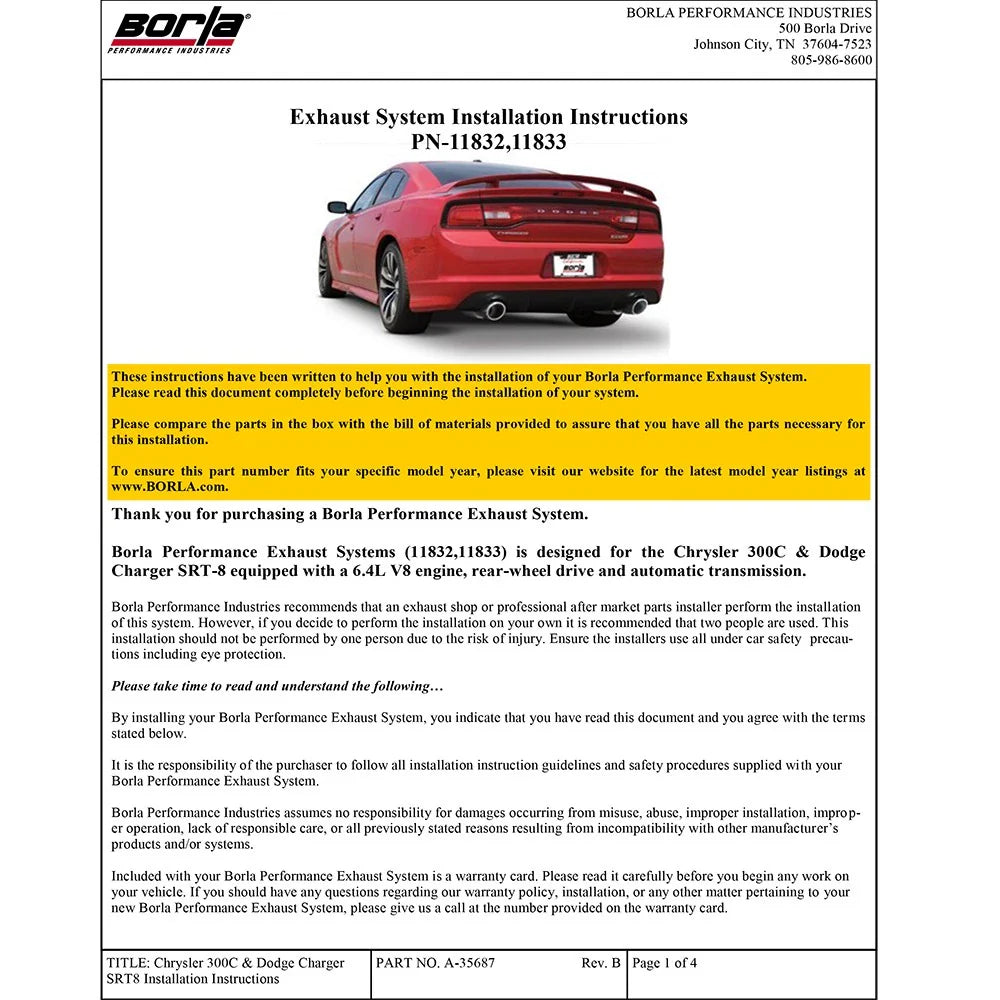 Borla 12-14 Dodge Charger/Chrysler 300 SRT-8 6.4L V8 AT RWD ATAK Exhaust (Rear Section Only)