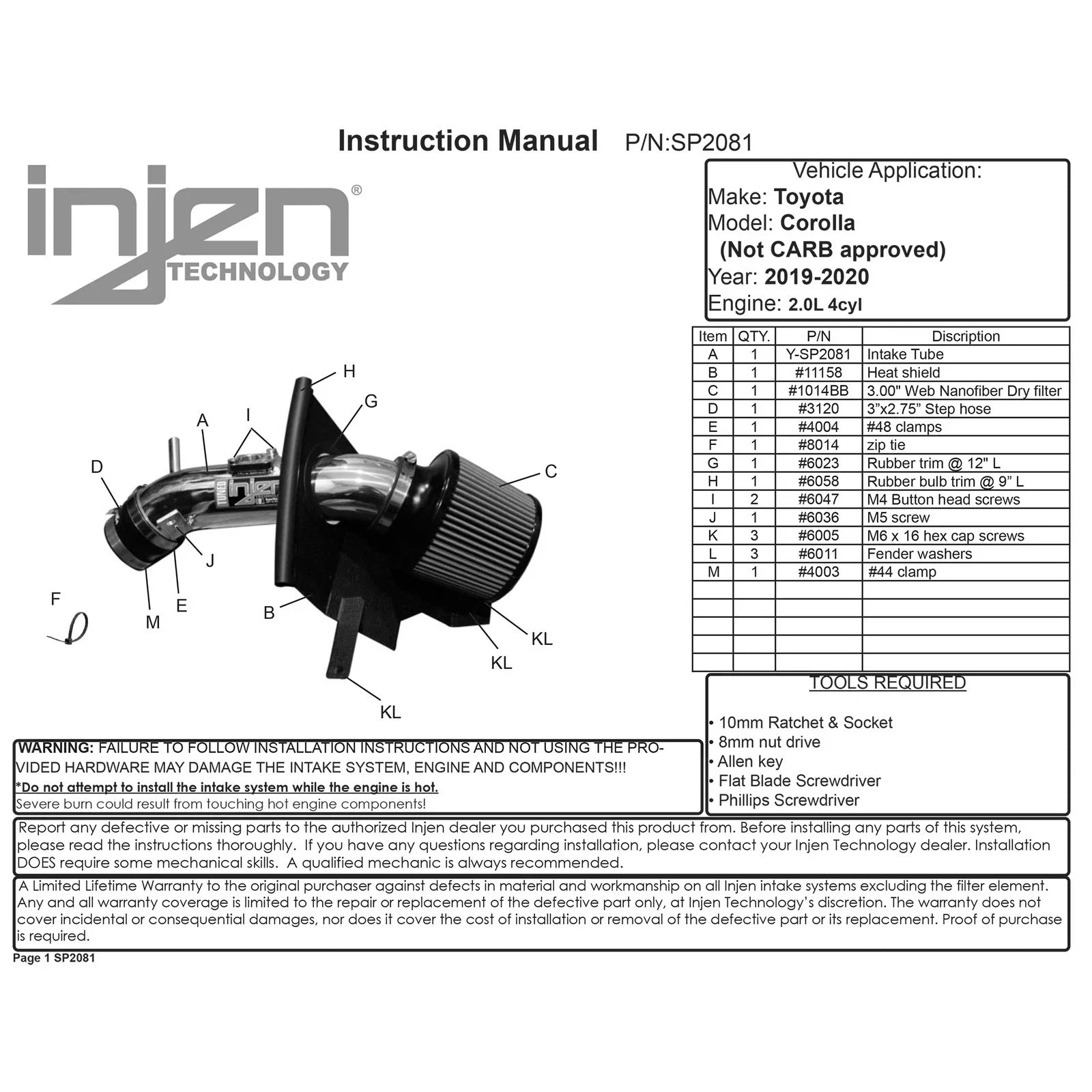 Injen 2019+ Toyota Corolla 2.0L Black Cold Air Intake