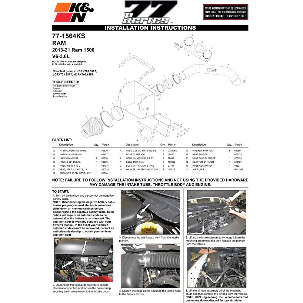 K&N 13-14 Dodge Ram 1500 3.6L V6 High Flow Performance Intake Kit