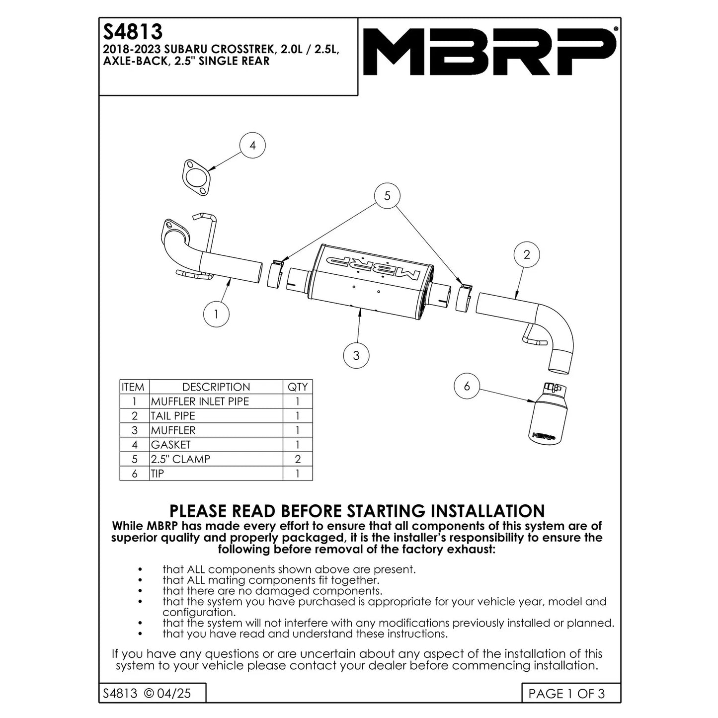 MBRP 18-23 Subaru Crosstrek 2.0L/2.5L T304 SS 2.5in Single Rear Exit Axle-Back Exhaust System