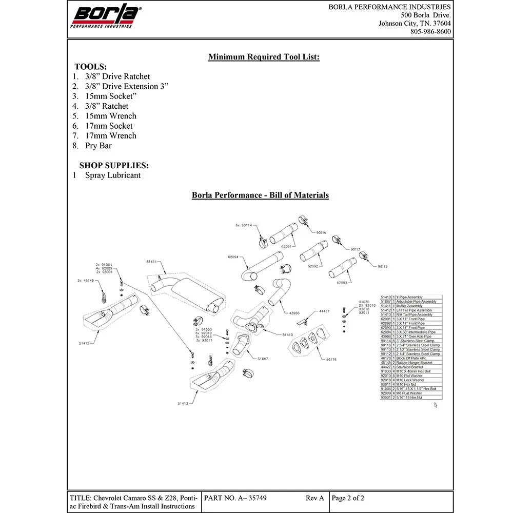 Borla 84-92 Chevrolet Camaro / Pontiac Trans Am 5.0L/5.7L V8 3in Adj SS Cat-Back Exhaust w/ Adapters