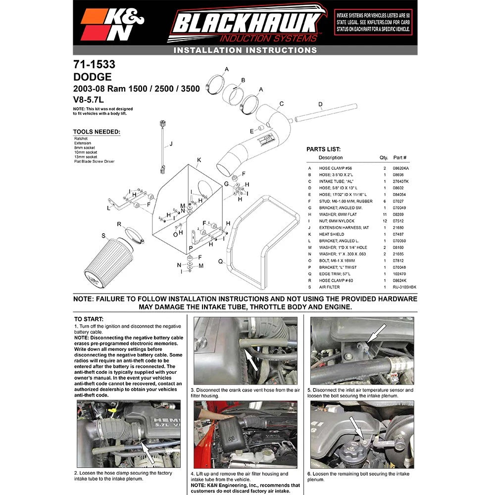 K&N 03-08 Dodge Ram 1500 / 2500 / 3500 V8.5.7L Performance Intake Kit