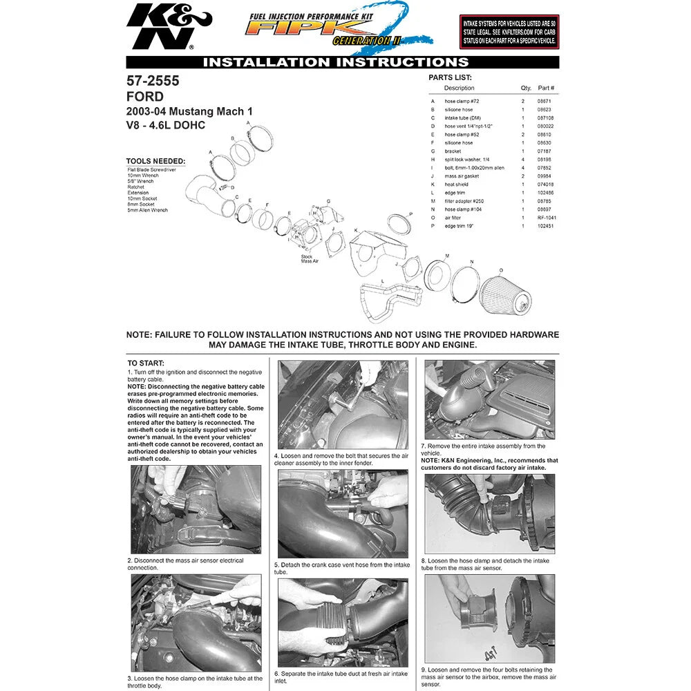 K&N 03-04 Ford Mustang Mach 1 V8-4.6L DOHC Performance Intake Kit