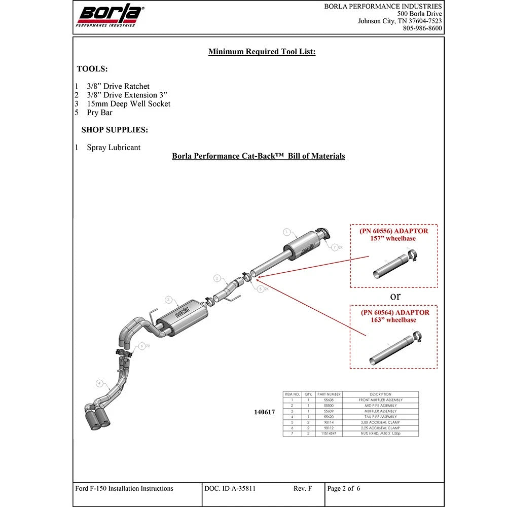 Borla 15-16 Ford F-150 3.5L EcoBoost Ext. Cab Std. Bed Catback Exhaust Touring Truck Side Exit