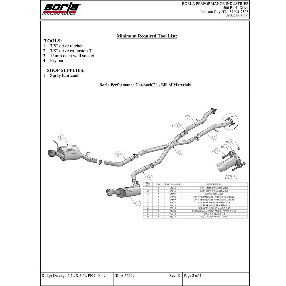 Borla 11-13 Dodge Durango R/T / 11-15 Durango Crew/Citadel AWD/RWD SS Catback Exhaust