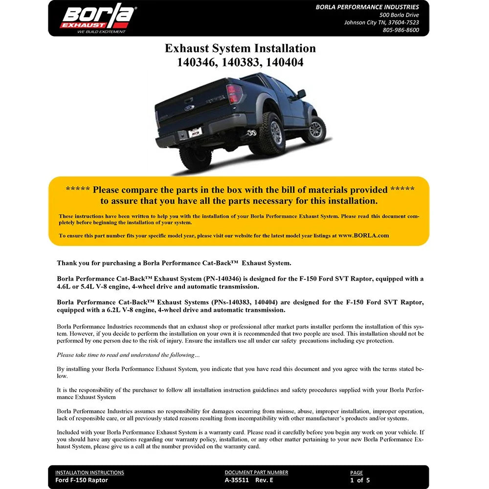Borla 10-14 Ford F-150 SVT Raptor 6.2L-8cyl SS Catback Exhaust