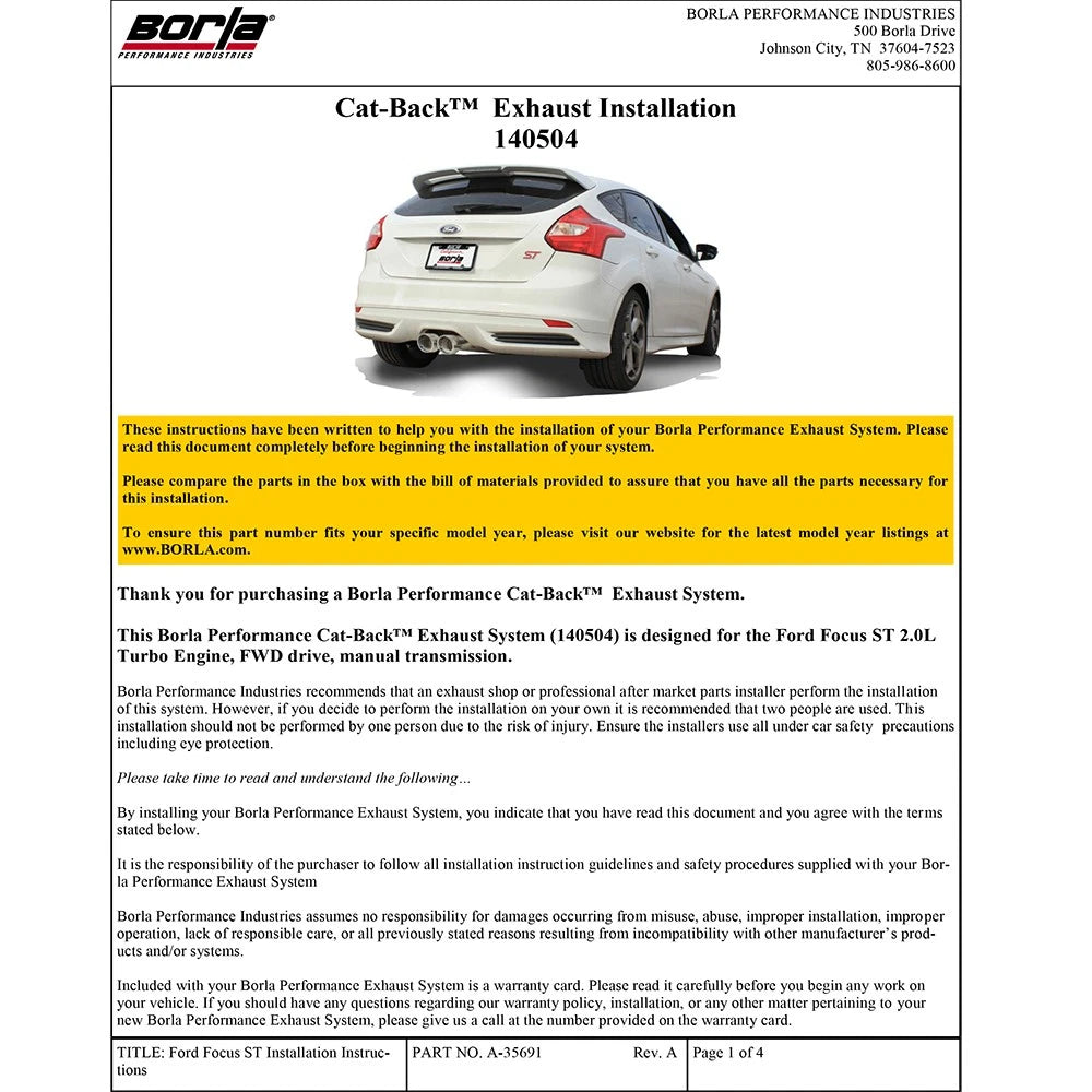 Borla 13-16 Ford Focus ST 5dr Hatchback Catback Exhaust