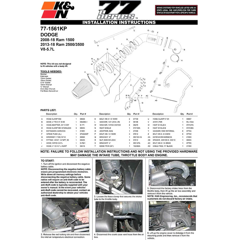 K&N 09-10 Dodge Ram 1500 PickUP 5.7L V8 High Flow Performance Kit
