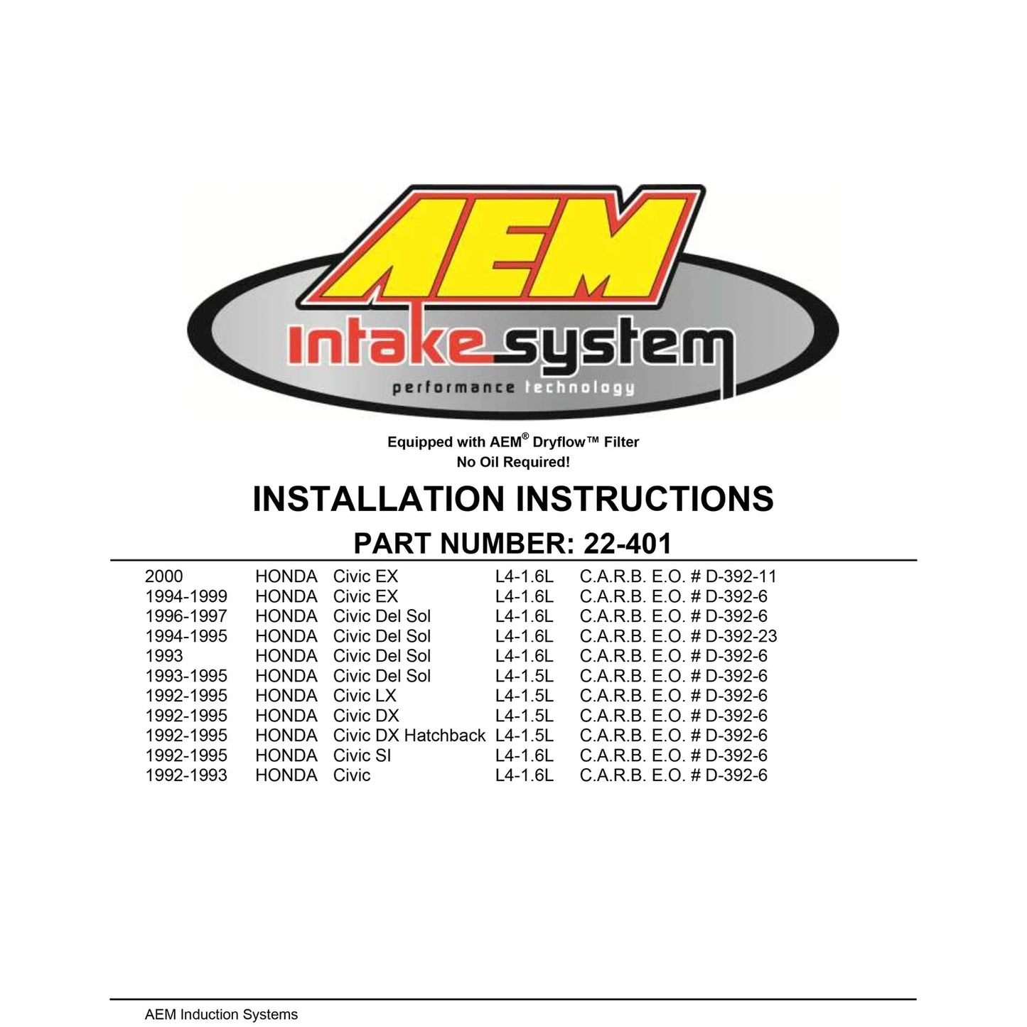 AEM 92-95 Civic DX/LX/EX/SI/ 96-00 Civic EX/ 93-95 Del Sol S/ 93-97 Del Sol Si Red Short Ram Intake
