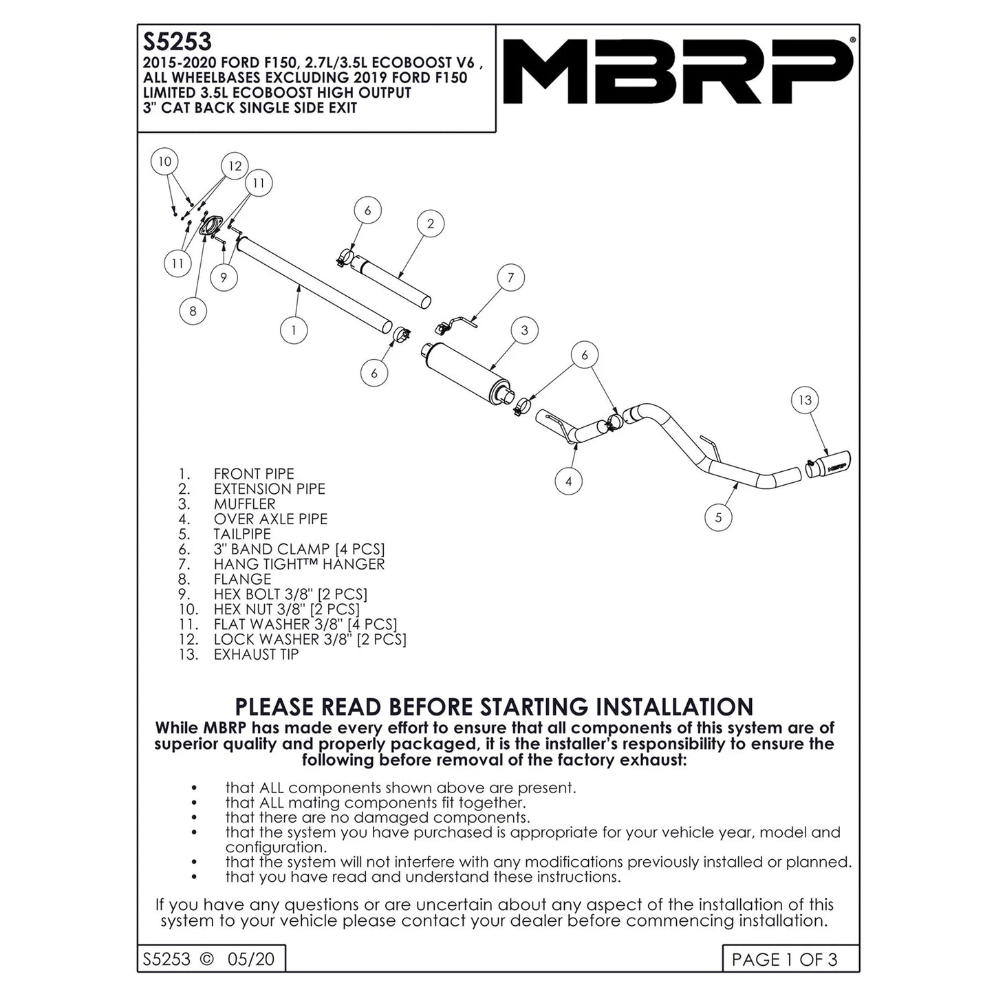 MBRP 2015 Ford F-150 2.7L / 3.5L EcoBoost 3in Cat Back Single Side T409 Exhaust System