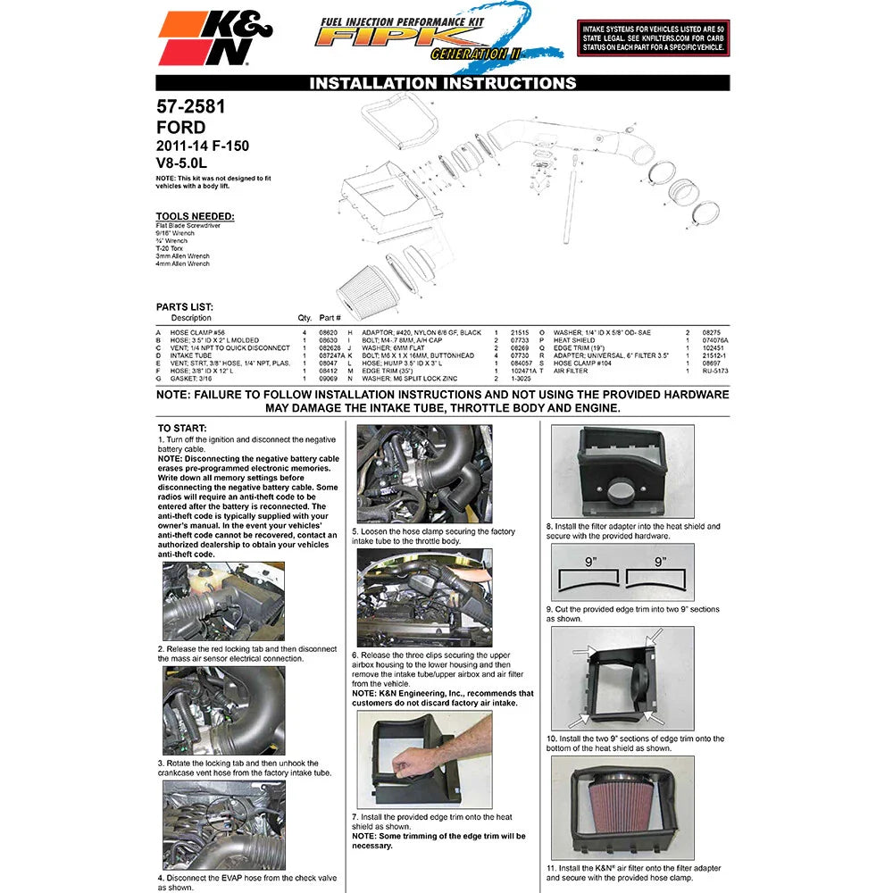 K&N 11-14 Ford F-150 5.0L V8 Performance Intake Kit