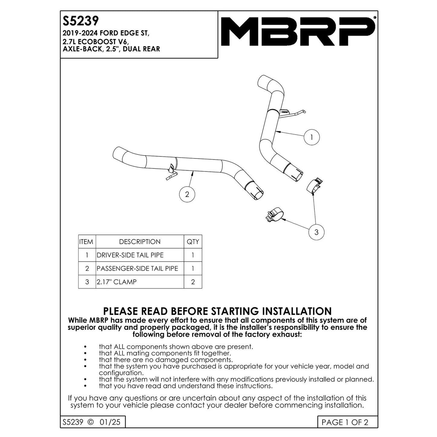 MBRP 19-22 Ford Edge ST 2.5in Dual Rear Exit Axle Back 304 SS Exhaust System