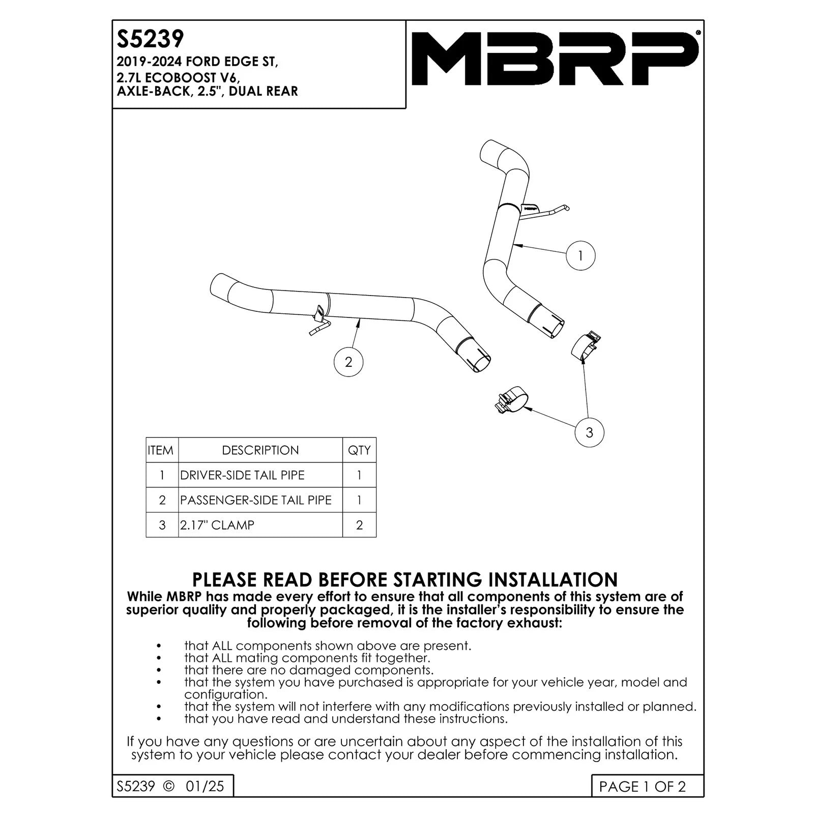 MBRP 19-22 Ford Edge ST 2.5in Dual Rear Exit Axle Back 304 SS Exhaust System