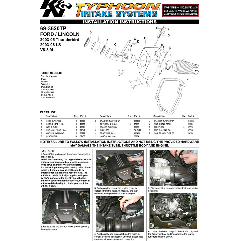 K&N Performance Intake Kit TYPHOON; FORD T-BIRD, 3.9L (CA), 03-04; POLISH