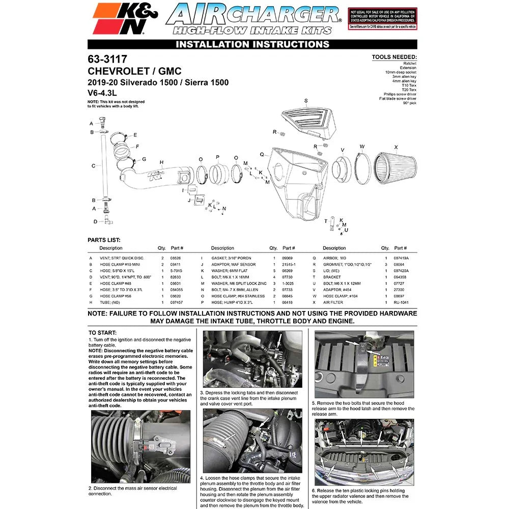 K&N 19-20 Chevrolet Silverado V6 4.3L AirCharger Performance Intake