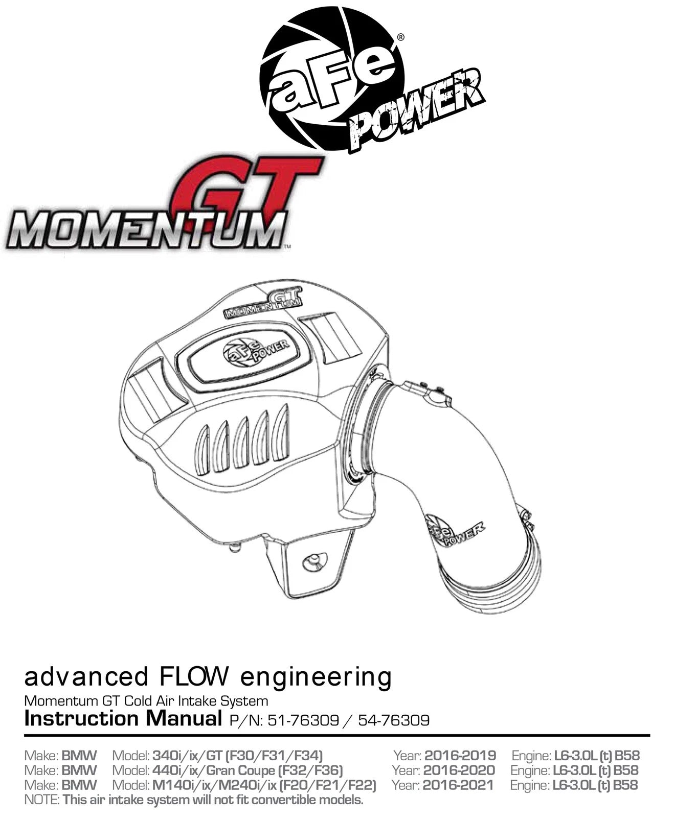 aFe Momentum GT Pro 5R Cold Air Intake System 16-17 BMW 340i/ix B58