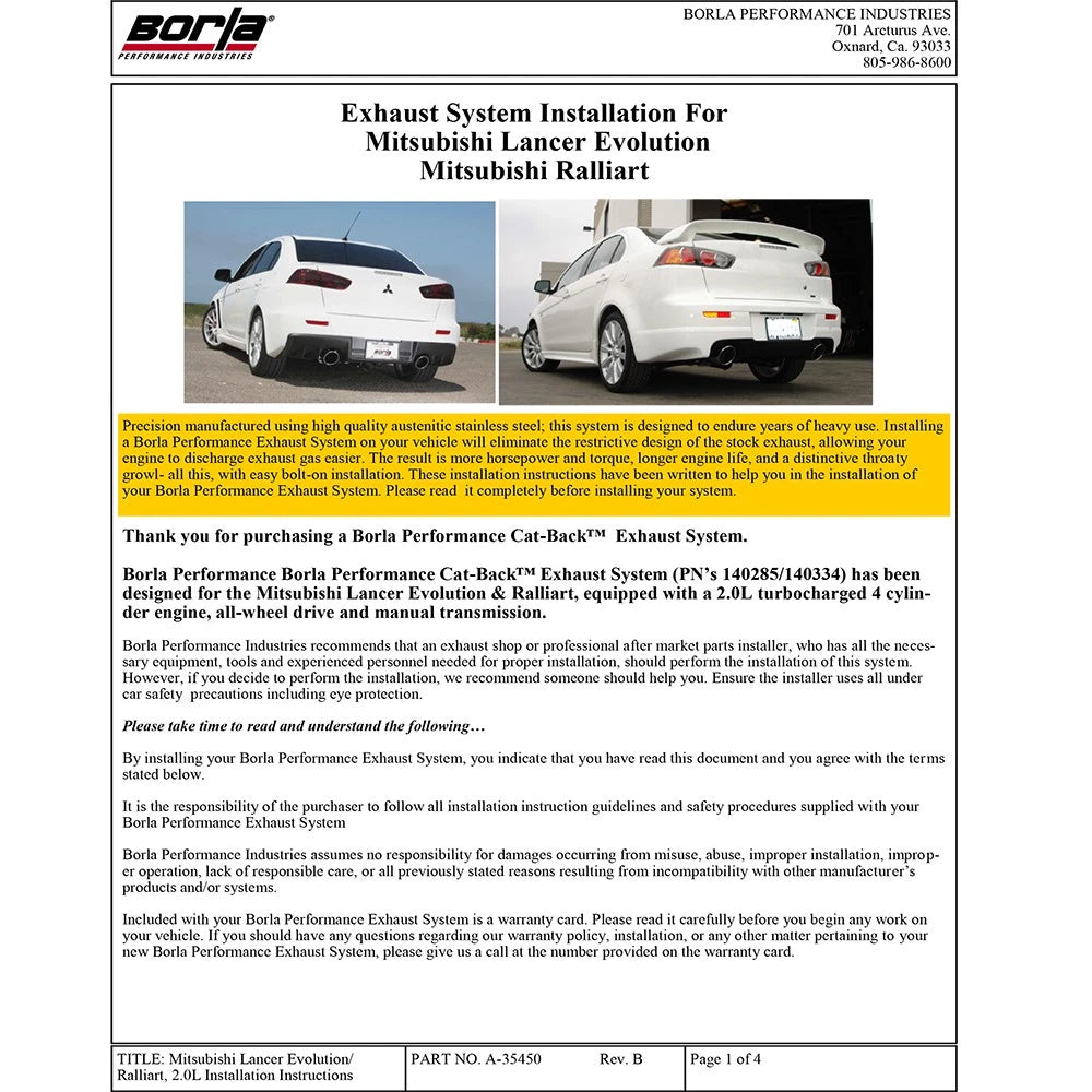 Borla 08-14 Mitsubishi EVO X Catback Exhaust