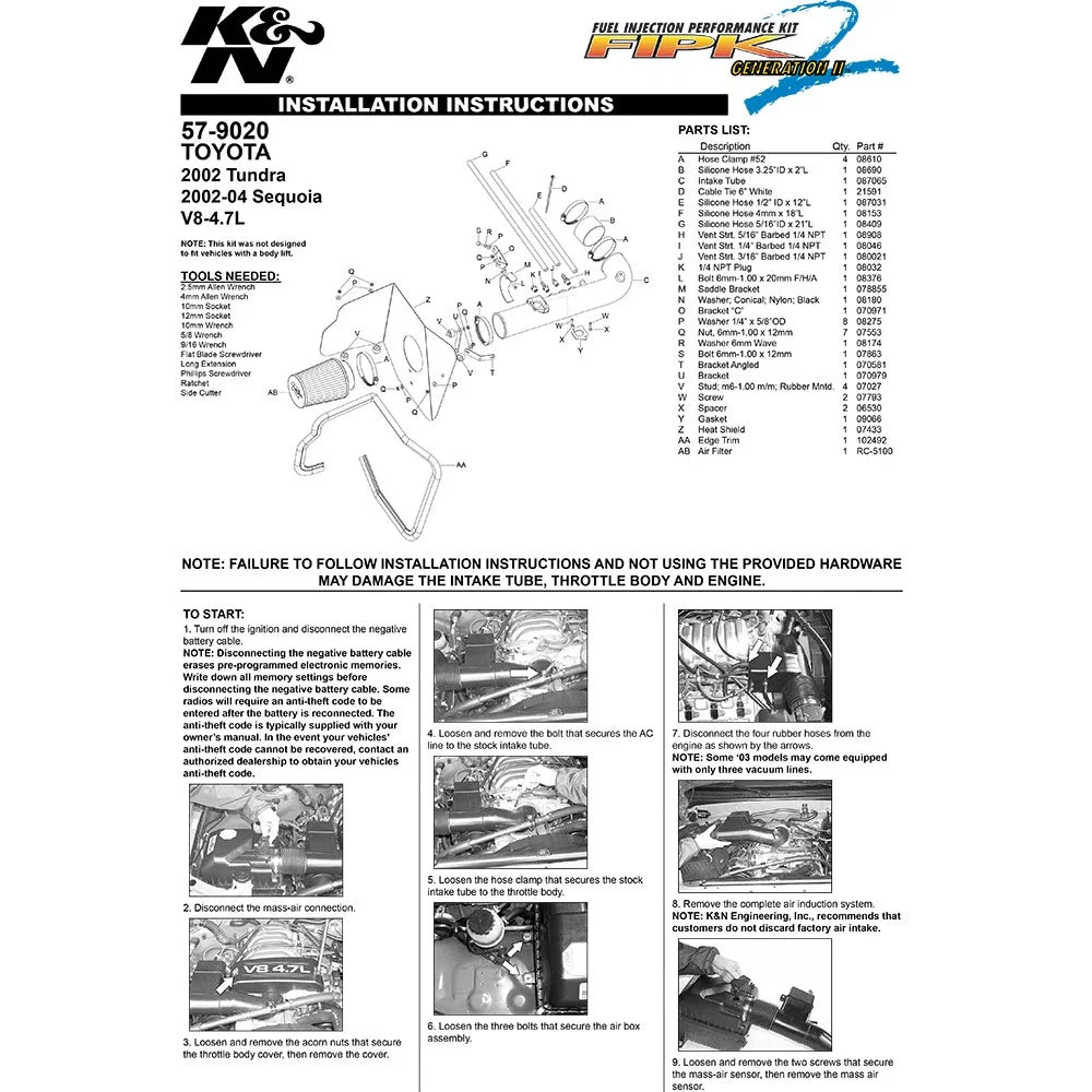 K&N 02 Toyota Tundra V8-4.7L Performance Air Intake Kit