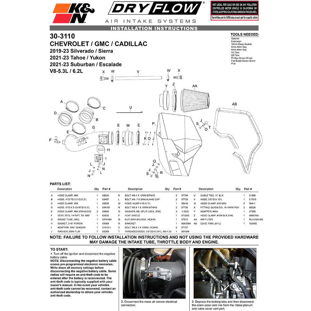 K&N 2019+ Chevrolet Silverado 1500 V8 6.2L Performance Air Intake System