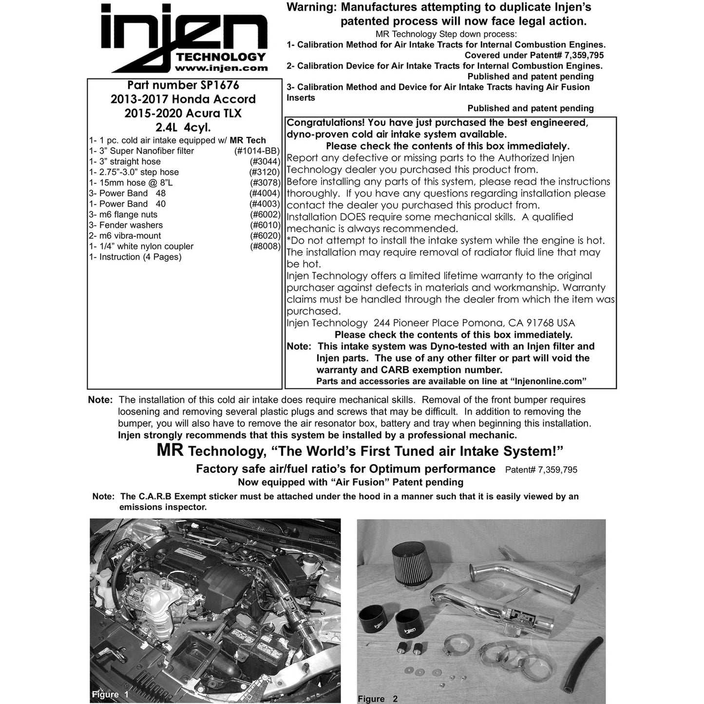 Injen 13-17 Honda Accord 2.4L 4cyl Black Cold Air Intake w/ MR Tech & Air Fusion (Converts to SRI)