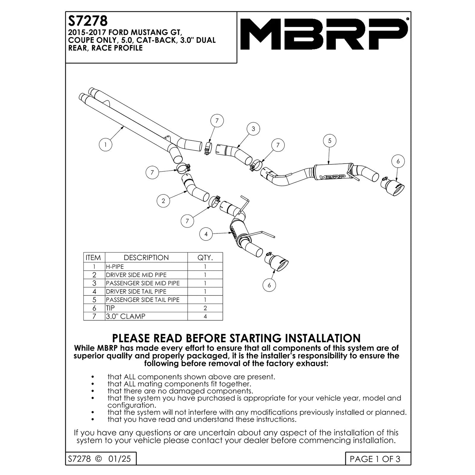 MBRP 15-17 Ford Mustang GT 5.0 3in Cat Back Dual Split Rear Race Version 4.5in Tips - T409