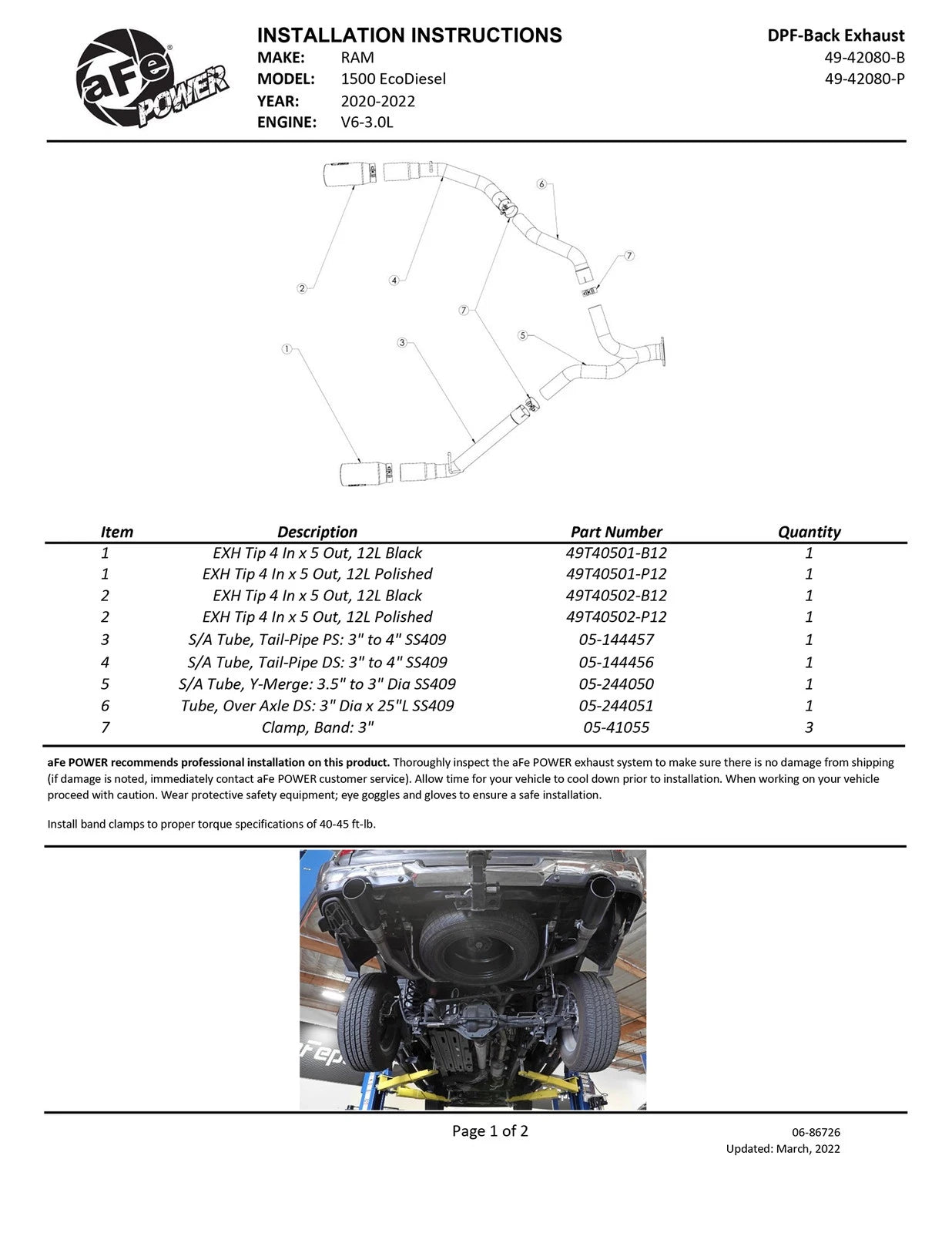 aFe Large Bore-HD 3in 409SS DPF-Back Exhaust System w/ Polished Tip RAM 1500 20-21 V6-3.0