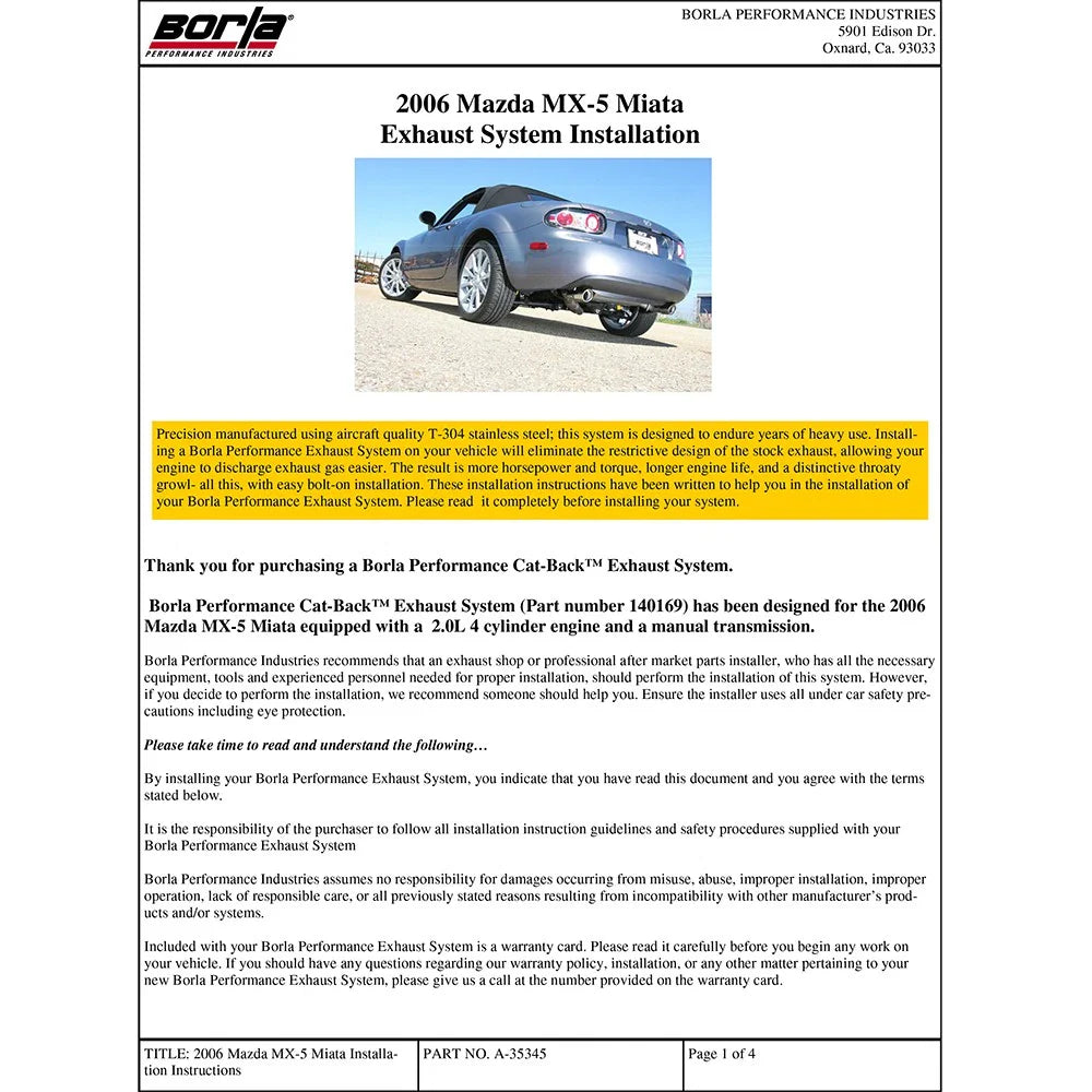 Borla 06-14 Mazda MX-5 Miata 2.0L RWD Twin-Tip Cat Back Exhaust