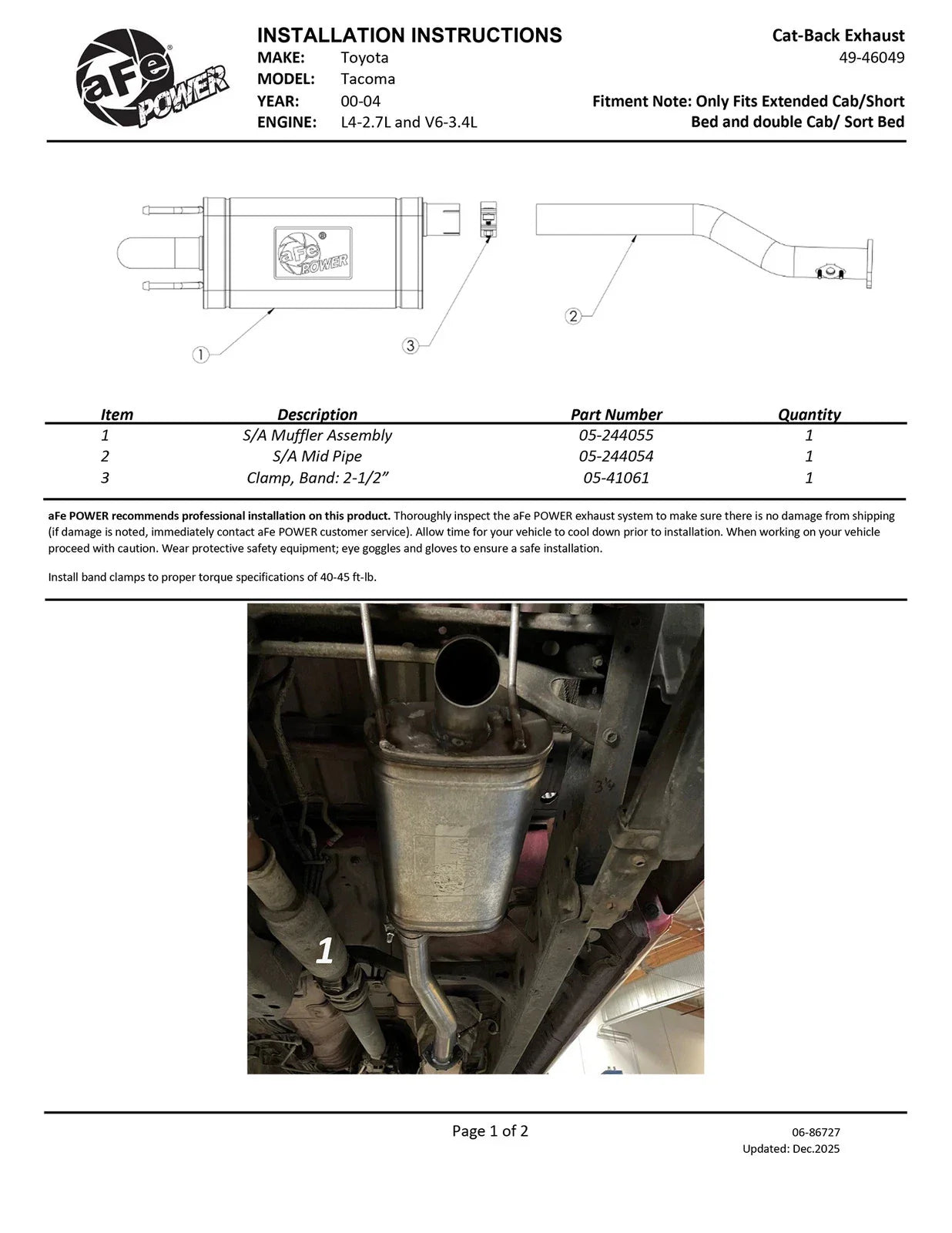 aFe ROCK BASHER 2.5in 409 SS Cat-Back Exhaust - 99-04 Toyota Tacoma L4-2.4L / V6-3.4L