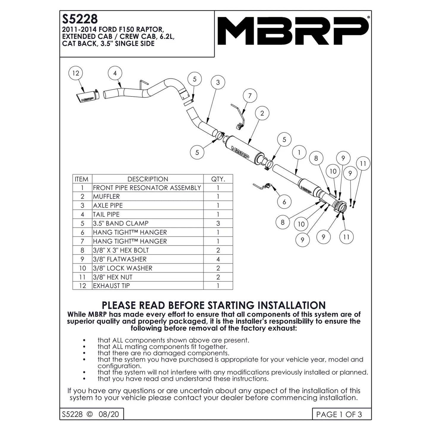 MBRP 11-13 Ford F150 SVT Raptor 6.2L EC-SB/CC-SB 3.5in Cat Back Single Exit Alum Exhaust System