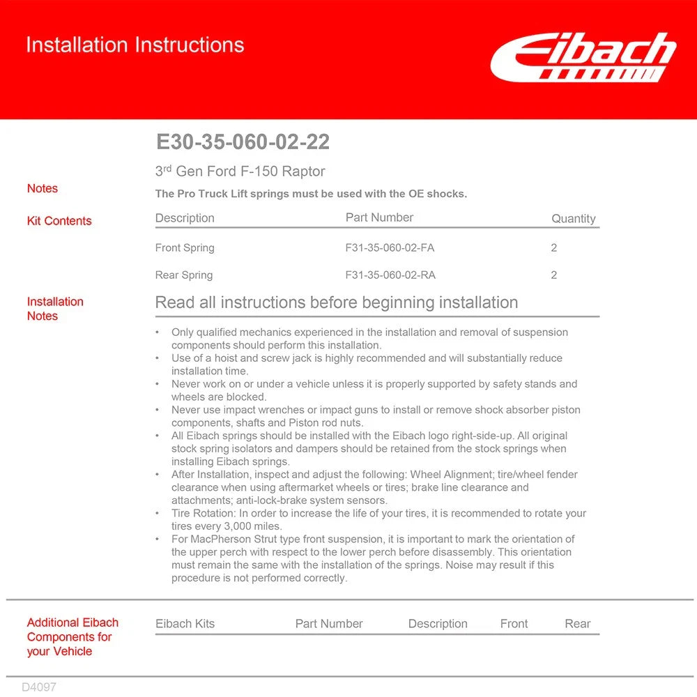 Eibach Pro-Kit for 21-23 Ford F-150/Raptor 35in & 37in  (2.2in Front Lift / 1.5in Rear Lift )