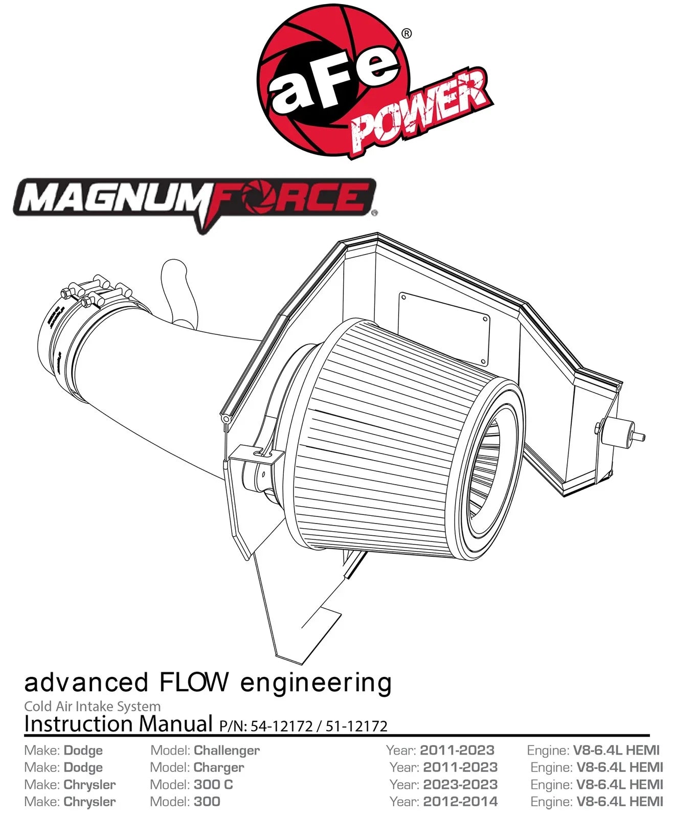 aFe MagnumFORCE Intake Stage-2 Pro DRY S 11-12 Dodge Challenger/Charger/Chrysler 300, SRT8 V8 6.4L