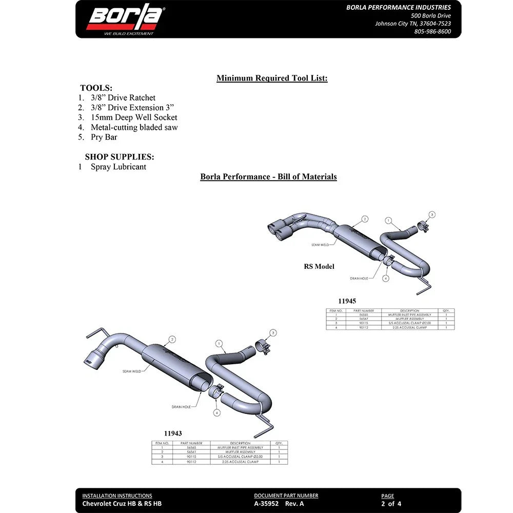 Borla 2017 Chevrolet Cruze RS 1.4T FWD 2.25in SS S-Type Rear Section Exhaust