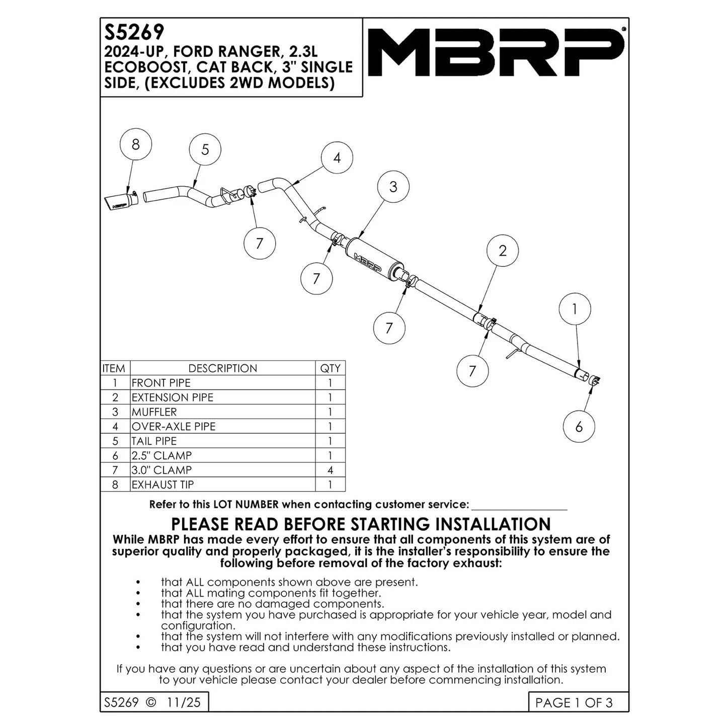 MBRP 2024 Ford Ranger T304 SS Single Side Outlet 3in Cat Back Exhaust