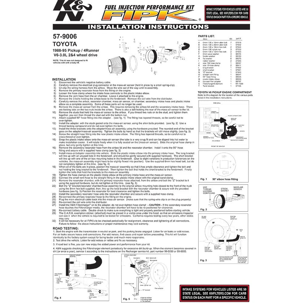 K&N 88-95 Toyota PickUp/4Runner V6 Performance Air Intake Kit