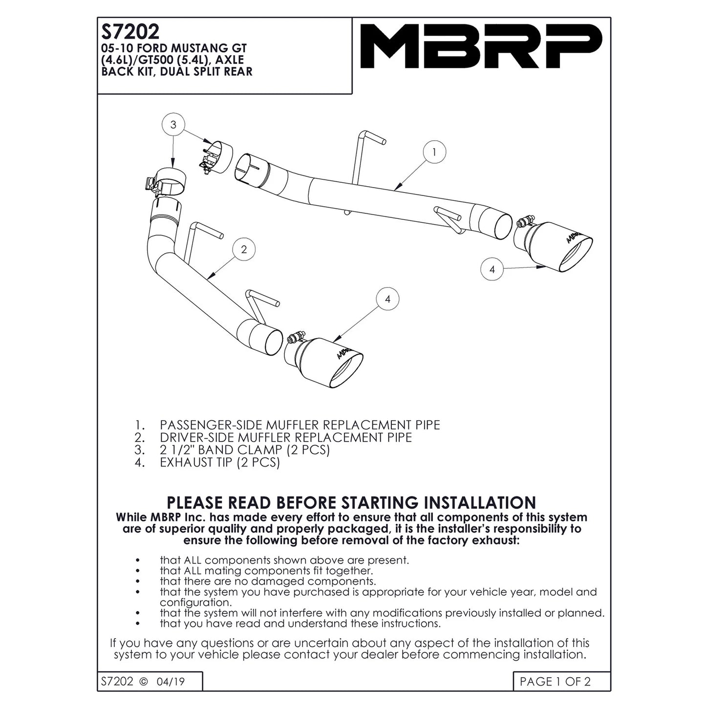 MBRP 2005-2009 Ford Mustang GT Dual Axle Back Muffler Delete