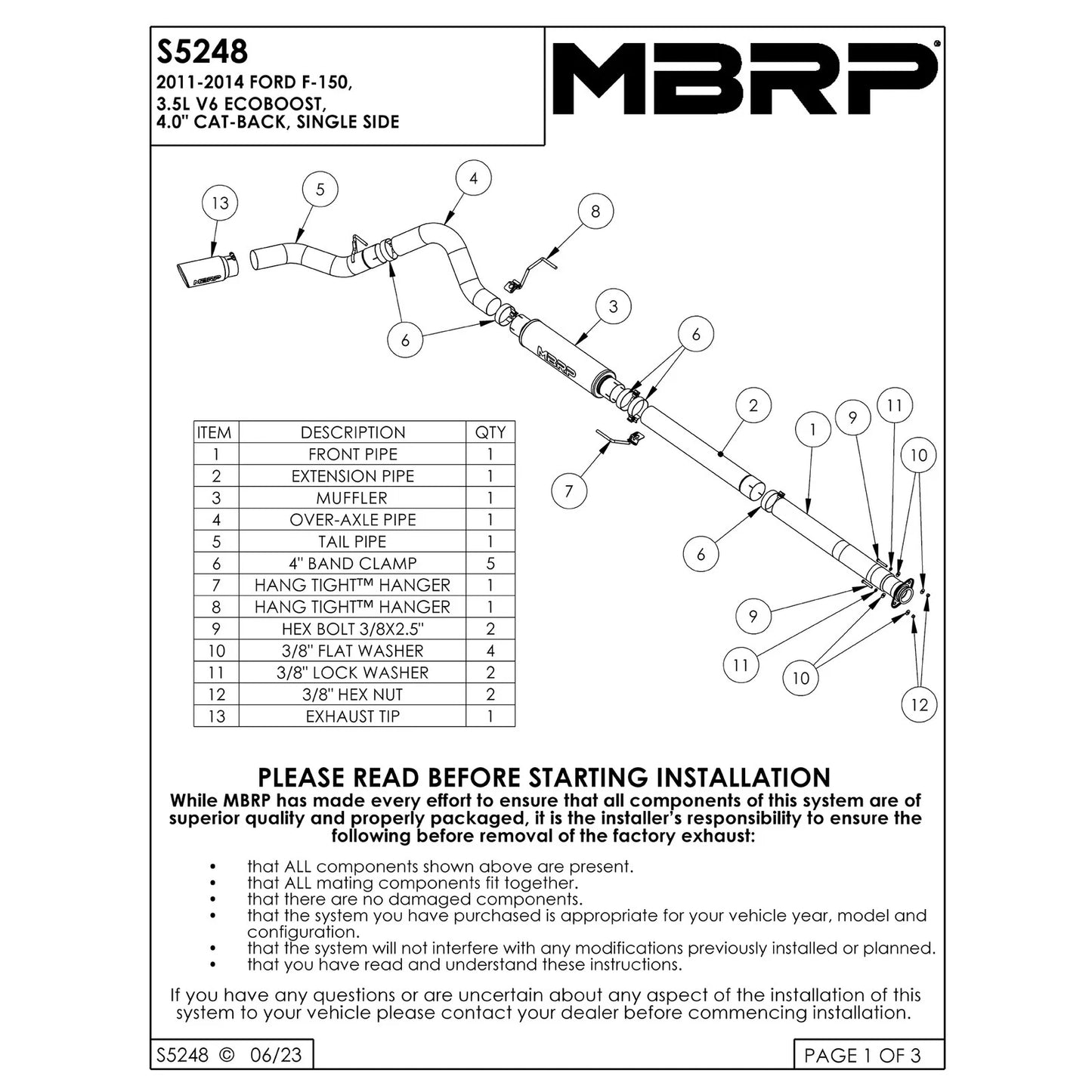 MBRP 11-13 Ford F-150 3.5L V6 EcoBoost 4in Cat Back Single Side Alum Exhaust System
