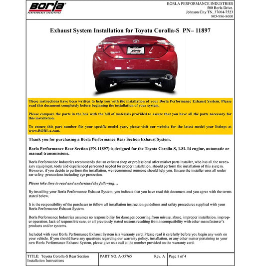 Borla 14-17 Toyota Corolla S 1.8L AT/MT FWD 4Dr S-Type Single Oval Rolled Angle-Cut Rear Sec Exhaust
